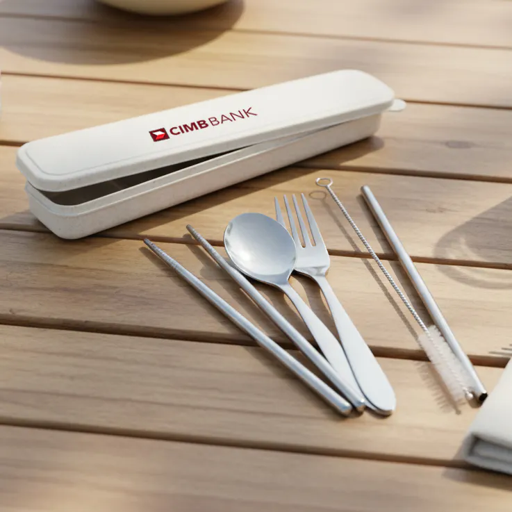 Stainless Steel Cutlery Set with Straw in Wheat Case