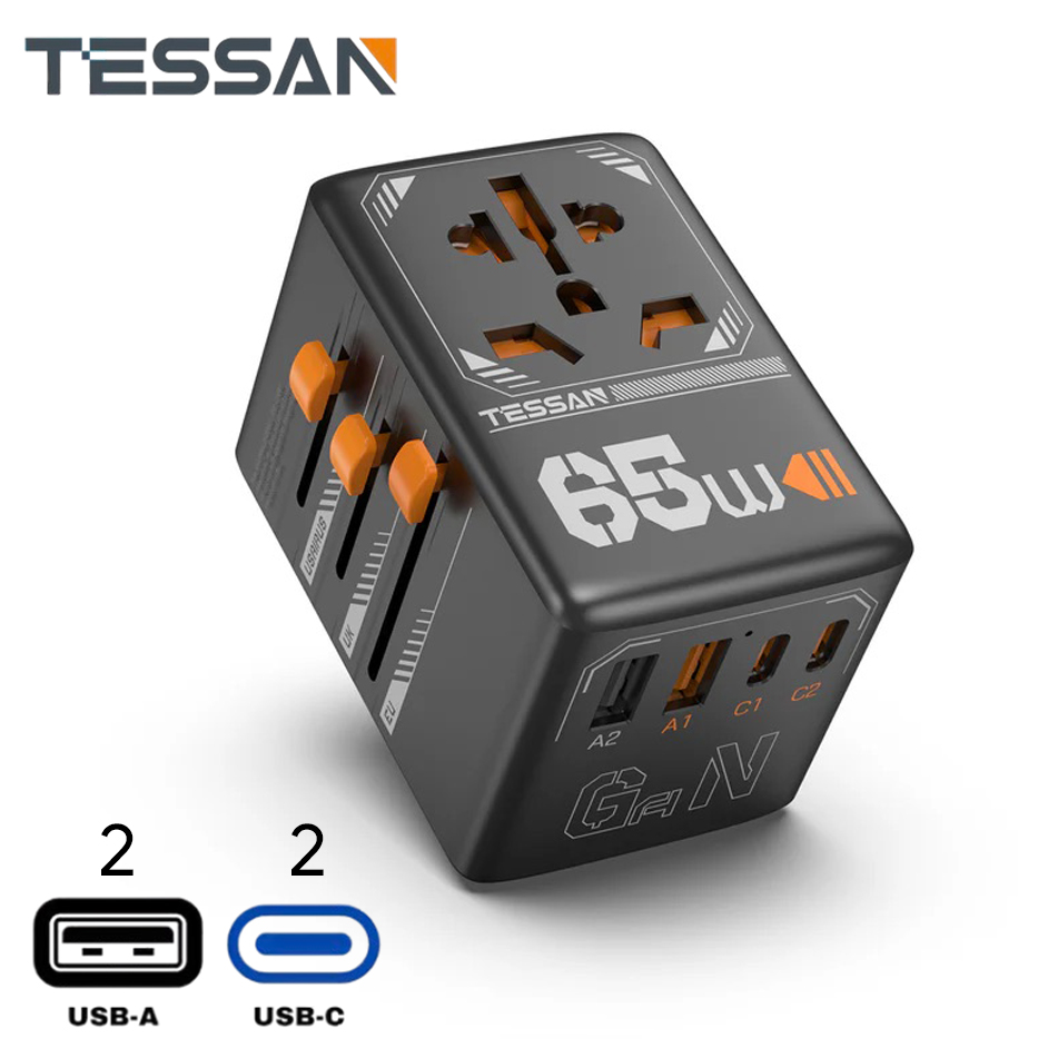 Tessan 65W International Travel Adaptor with 2 USB C & 2 USB A Charging Ports