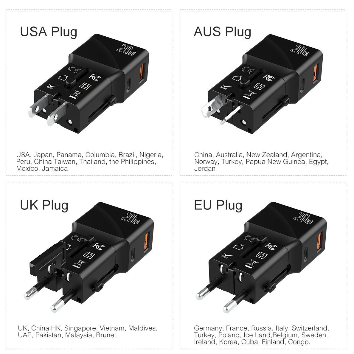 25W Portable PD Dual Fast Charging Multi Plug Travel Adaptor