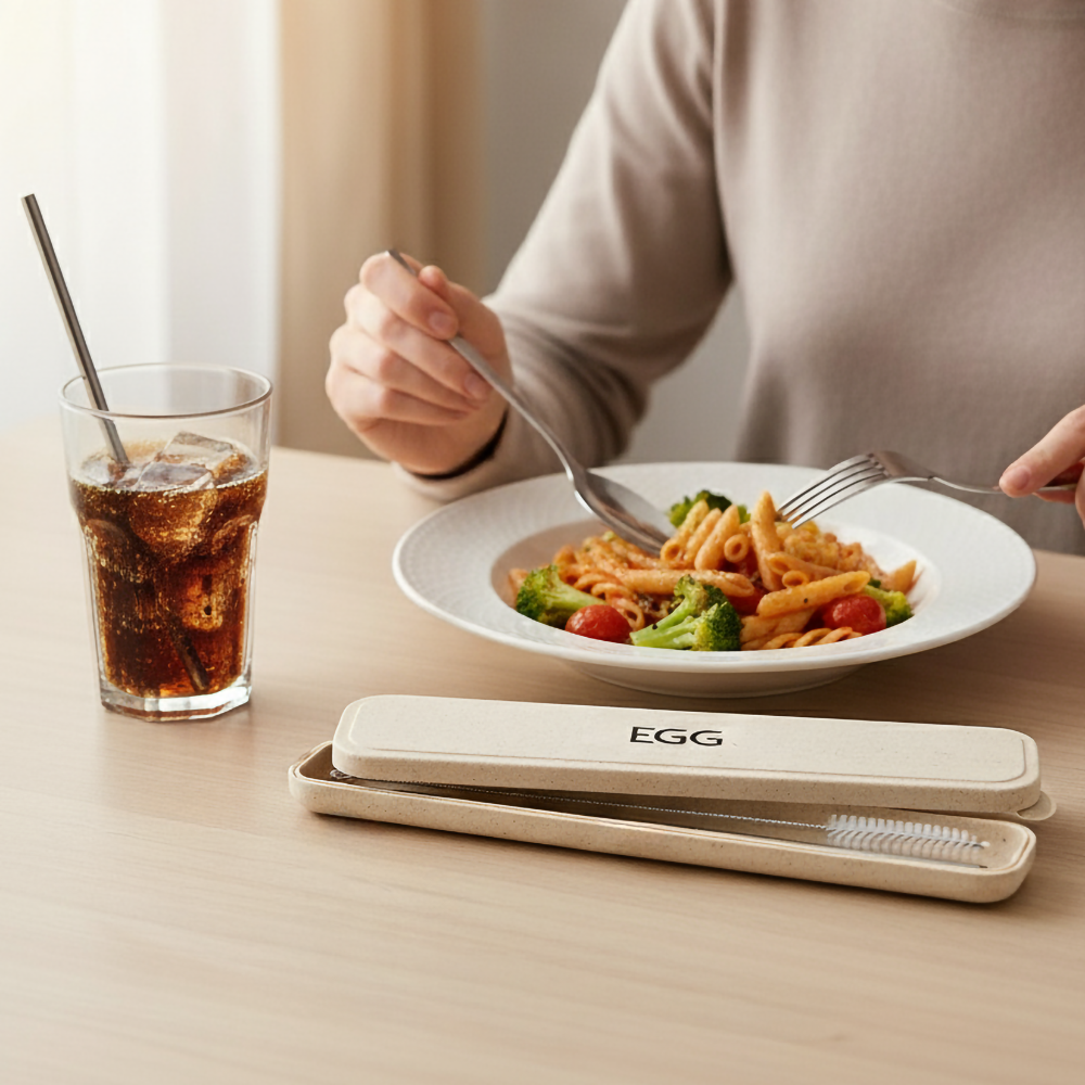 Stainless Steel Cutlery Set with Straw in Wheat Case