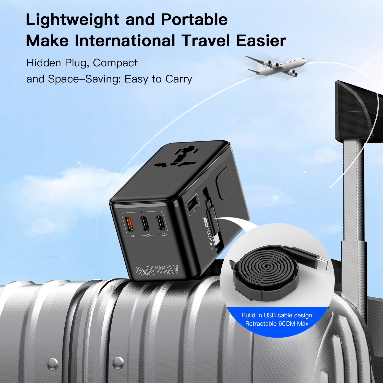 100W GaN Bon Travel Adaptor with Retractable Cable