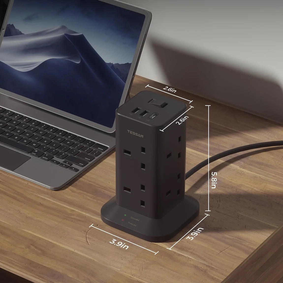 Tessan Tower 8 Sockets Outlet Plug Extension with 2 USB-A & 1 USB-C Ports