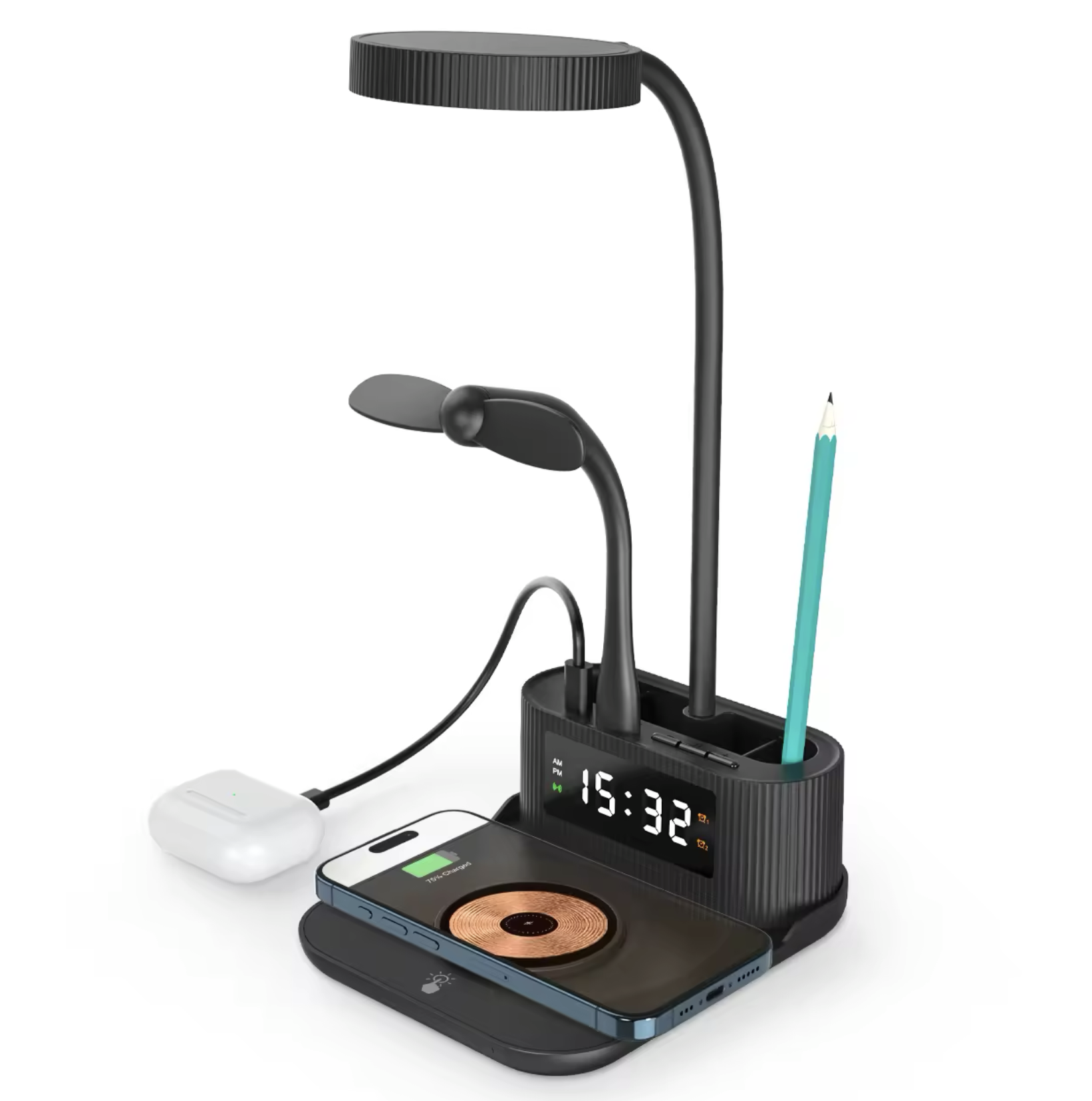 Wireless Charger Desk Lamp (with Clock, Pen Holder and USB-A & USB-C Output)