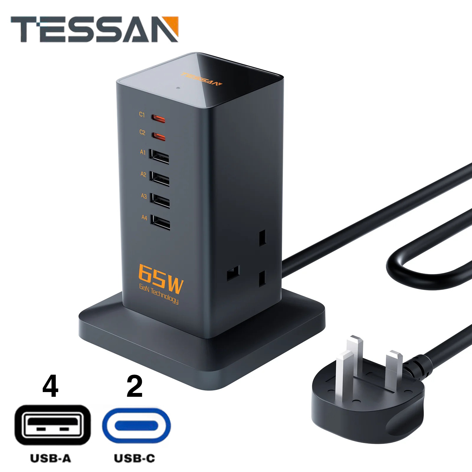 Tessan 65W GaN Charger Multiple Extension Cord Extension Tower with USB C Charging Station