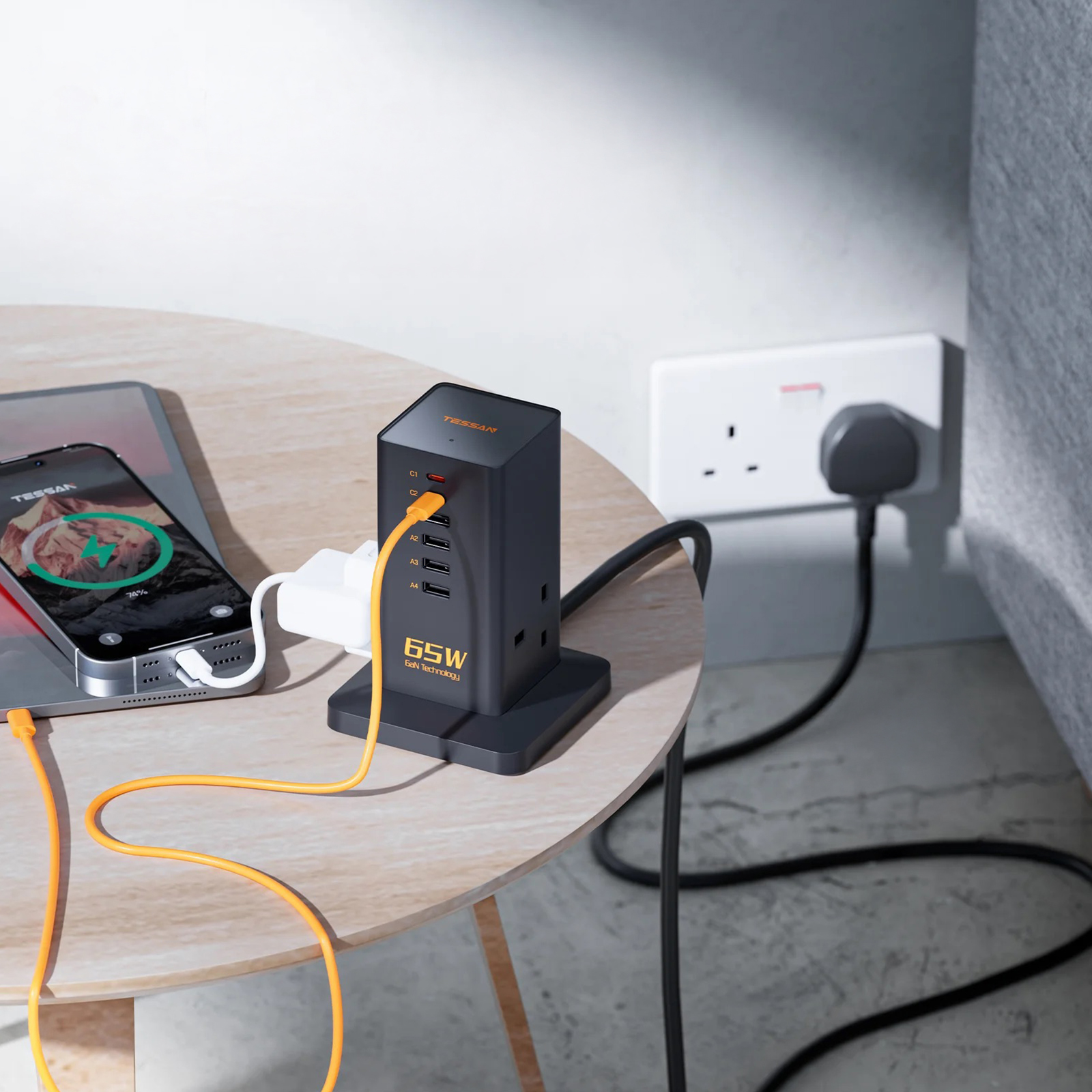 Tessan 65W GaN Charger Multiple Extension Cord Extension Tower with USB C Charging Station